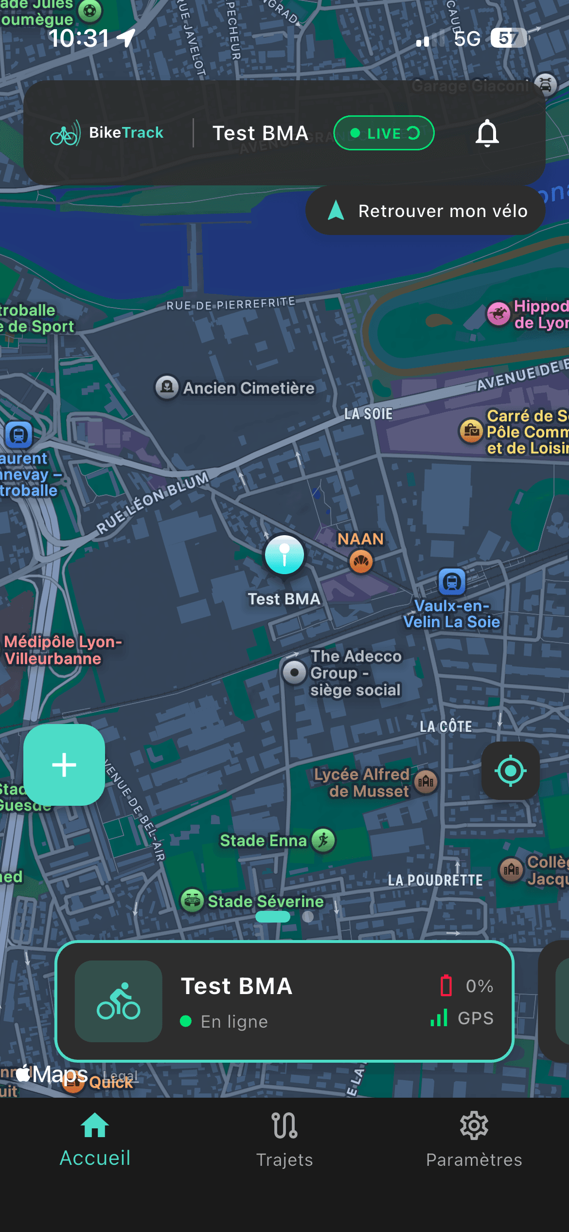Localisation temps réel + bouton « Retrouver mon vélo ».