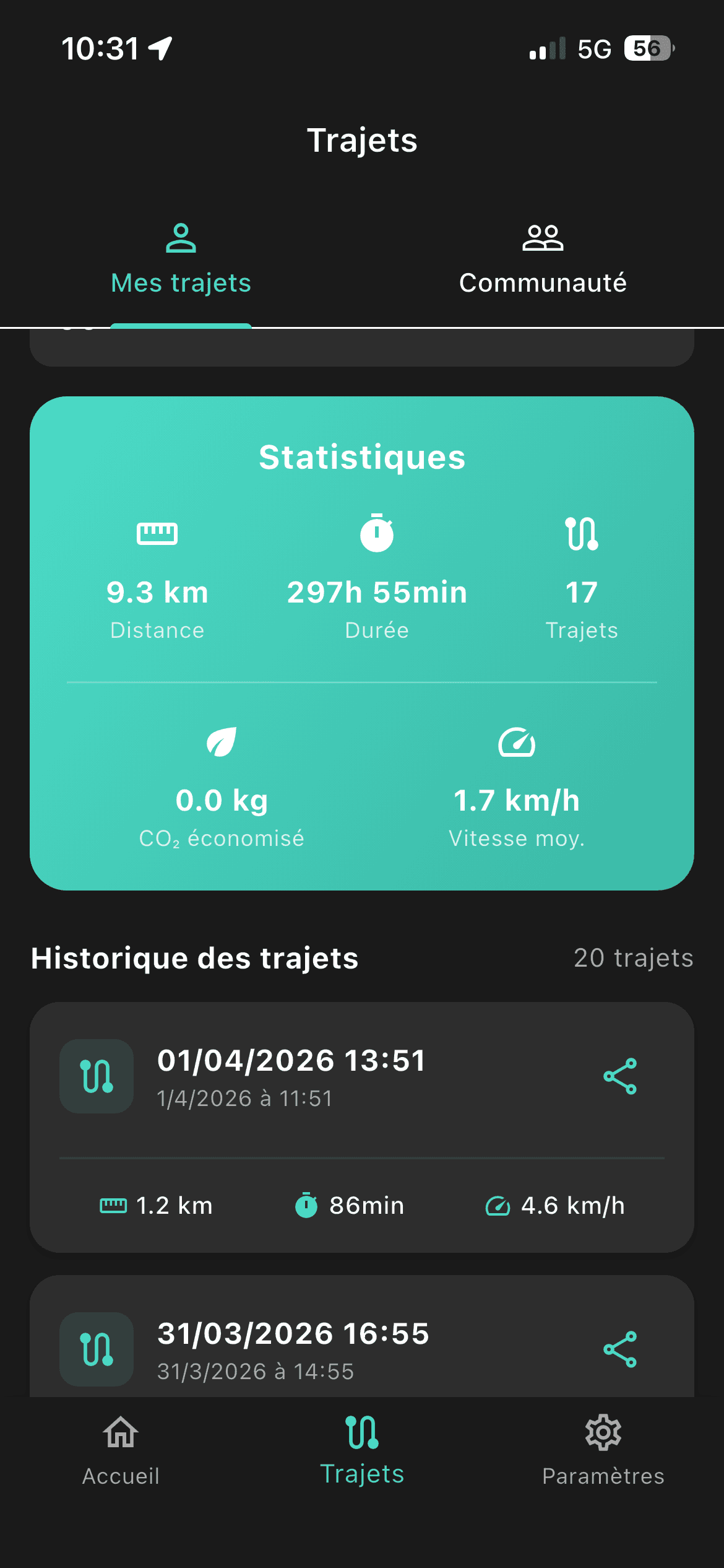 Statistiques de trajets, CO₂ économisé, historique.